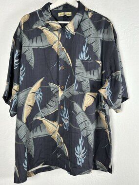 Tommy Bahama Mens Silk Tropical Banana Leaves Camp Shirt XL Blue Pocket NWOT